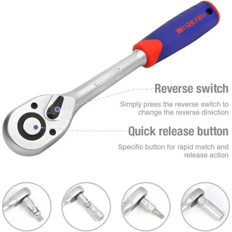 WORKPRO Coffret De Douilles Embouts Et Clés à Cliquet 1/2-inch Et 1/4-inch (72 Dents) De Dégagement Rapide (108-pièce) 5 WORKPRO Coffret De Douilles Embouts Et Clés à Cliquet 1/2-inch Et 1/4-inch (72 Dents) De Dégagement Rapide (108-pièce) – Image 3