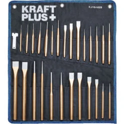 KRAFTPLUS K.216-5028 Jeu De Burins Pointeaux Et Chasses Goupilles Chasses Clous Pointes - 28 Pcs - Livré Avec étui Enroulable