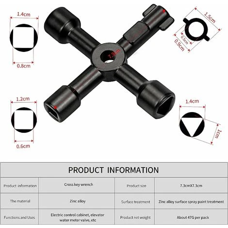 Clé Utilitaire Multifonction, 4 En 1 Multifonctions Croix Clé Pour Radiateurs Gaz Électrique Boîtes De Compteur Robinet Serrure - 72 Mm, Noir 4 Clé Utilitaire Multifonction, 4 En 1 Multifonctions Croix Clé Pour Radiateurs Gaz Électrique Boîtes De Compteur Robinet Serrure - 72 Mm, Noir – Image 2