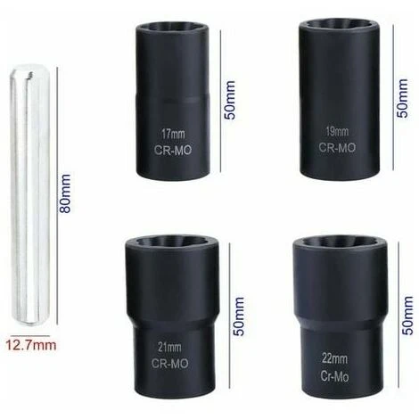 Lot De 5 Douilles Torsadées 1/2" Pour Retirer Les écrous De Roue Endommagés, 17 Mm, 19 Mm, 21 Mm Et 22 Mm,Fonepro 4 Lot De 5 Douilles Torsadées 1/2" Pour Retirer Les écrous De Roue Endommagés, 17 Mm, 19 Mm, 21 Mm Et 22 Mm,Fonepro – Image 2