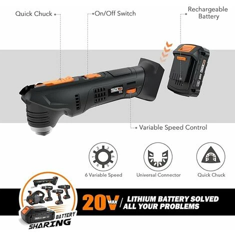TACKLIFE – Outil Oscillant Sans Fil PMT03B, Outil Multifonction, Batterie Li-Ion 2,0 Ah, 24 Accessoires, Charge Rapide En 1 Heure Avec Sac De Transport 4 TACKLIFE – Outil Oscillant Sans Fil PMT03B, Outil Multifonction, Batterie Li-Ion 2,0 Ah, 24 Accessoires, Charge Rapide En 1 Heure Avec Sac De Transport – Image 2